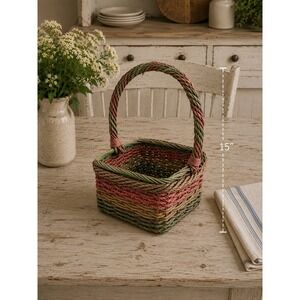 Vintage Woven Wicker Basket Square Multi Color Green Pink Brown 15x11x11